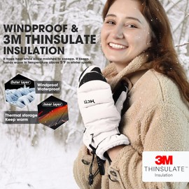 MCTi Ski Mittens Women's Snow Mitten Touch Screen Waterproof Insulated Quilted Mitts with Hidden Zipper