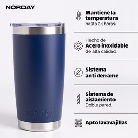 NORDAY | Stainless Steel Cups – Tumblers | 20oz Navy Thermal Tumbler | Maintains Temperature Between 8 and 24 Hours | Anti-Spill Lid - Ideal For Trips | Double Wall - Extra Resistant