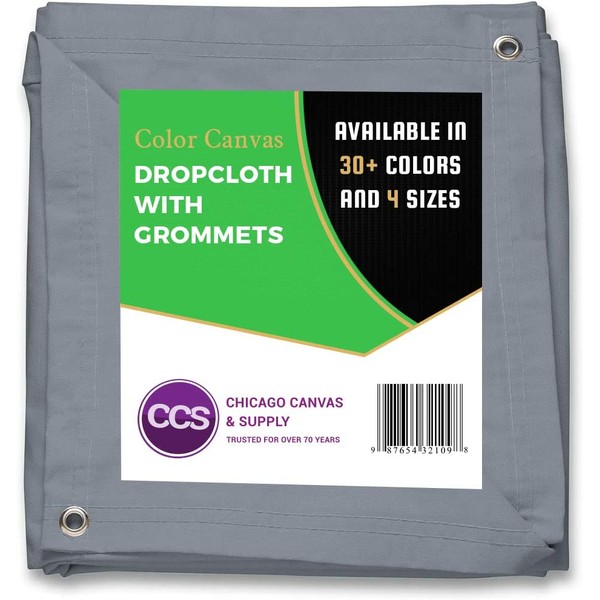 CCS CHICAGO CANVAS & SUPPLY 10 Ounce Canvas Cotton Drop Cloth with Grommets, Grey, 10 by 12 Feet