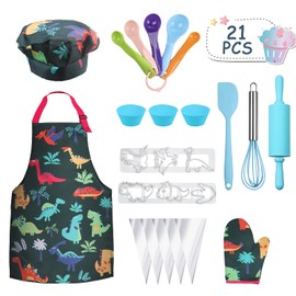 Anpro Children's Cooking Baking Set Role-Plays for Kid Aged +6, Blue Dinosaur Theme Chef Hat Gloves Apron, Cookie Mold Set,Toys for Boys and Girls…