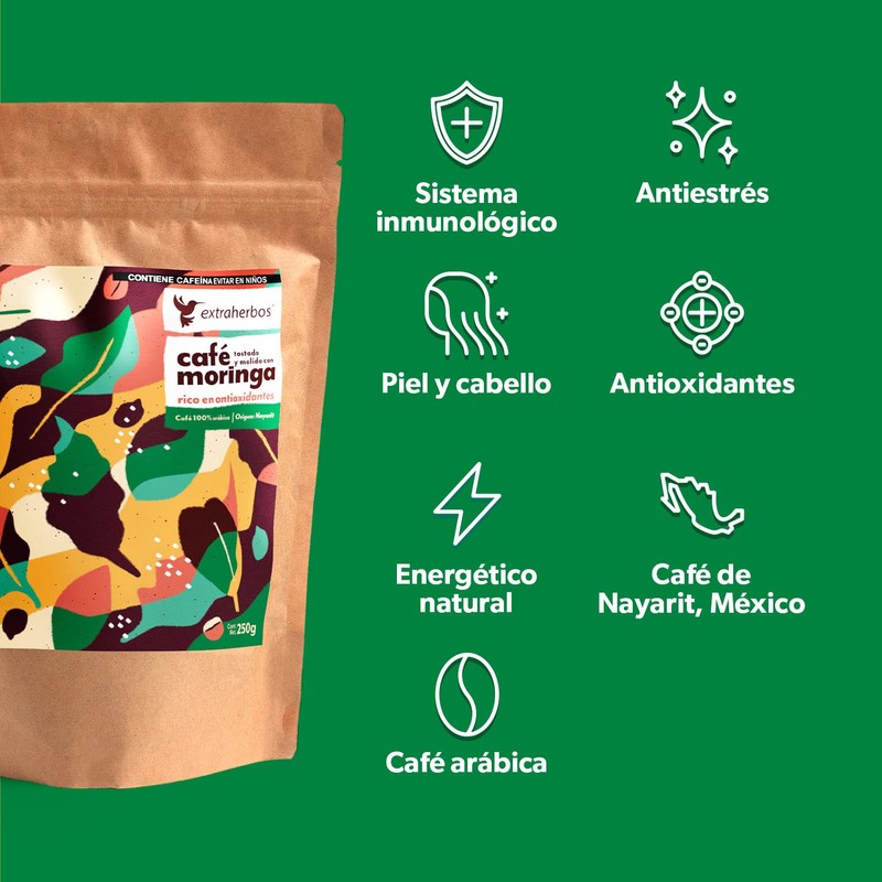 Extraherbos Café Con Moringa Tostado y Molido 250g - Energía