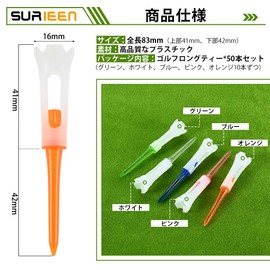 50 Pcs Golf Tee, Long Tee, 3.3 inches (83 mm), 10 Each of 5 Colors, Long Golf Tees, Easy to Find Golf Equipment, Placement, Beginners, Practice, Durable, Break-Resistant