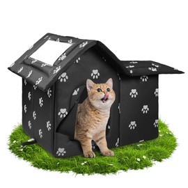 Cat House for Outdoor Winterproof Waterproof Dog Cave Dog House Animal Shelter for Stray Pets, Cat Mat Removable Transparent Curtain, Black