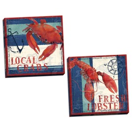 Gango Home Décor Red and Blue Coastal Fresh Lobster and Local Crab Set; Nautical Decor; Two 16x16in Hand-Stretched Canvases