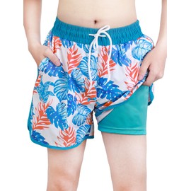 Monbessi Boys Swimming Shorts with Pockets 2 in 1 Quick Dry Boys Swimming Trunks Comfortable Linning, Elastic Waist 5-12 Years(XS, Colorful Leaves)