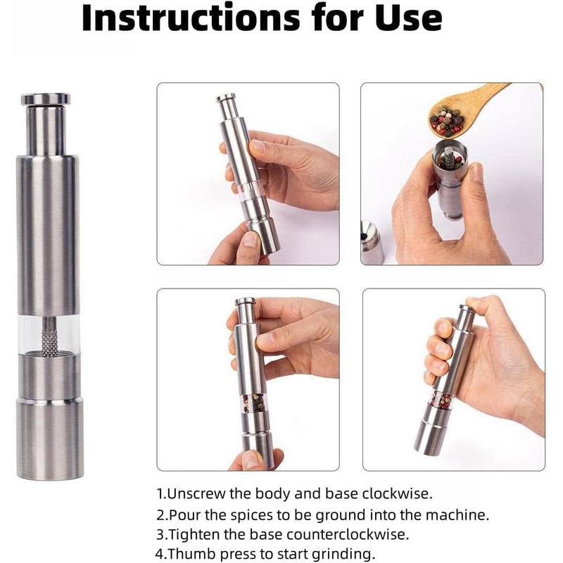 Single Stainless Steel Salt and Pepper Grinder Set, Manual Refillable