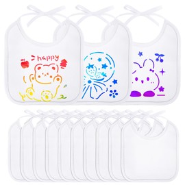 Aolso Baby Bibs for Painting, 12 Pieces Baby White Bibs, Waterproof Bibs for Baby with 12 Textile Pens and 8 Painting Stencils, Gift for Baby Shower Party, Drool Bib (20 x 17.5cm)