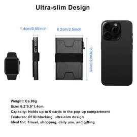 Men’s Slim RFID Wallet – Pop-Up Card Holder, Metal & Leather, Contactless Card Protector, Minimalist Credit Card Wallet, Compact Secure RFID Blocking Wallet for Everyday Use Travel (Black, 1pc)