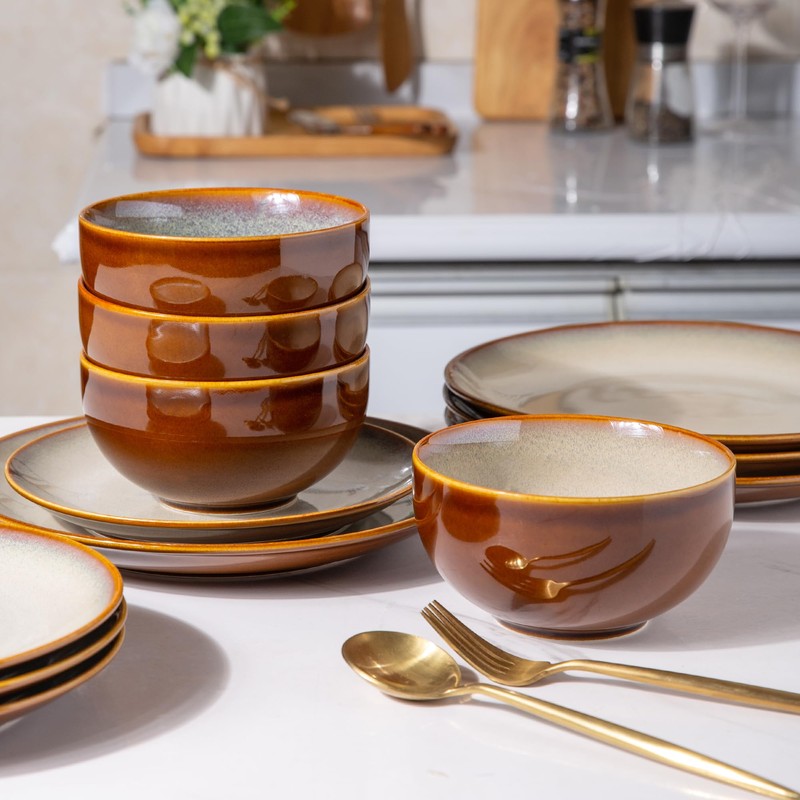 LeRatio Ceramic Dinnerware Sets for 6,18-Piece Plates and Bowls,Handmade Reactive