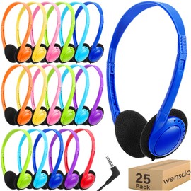 Bulk Headphones 25 Pack for Classroom School Kids, Wholesale Wired Adjustable Earphones Class Set for Children Toddler Teens Boys Girls and Adult 3.5mm Jack Multi Color (HY103,25 Mixed)