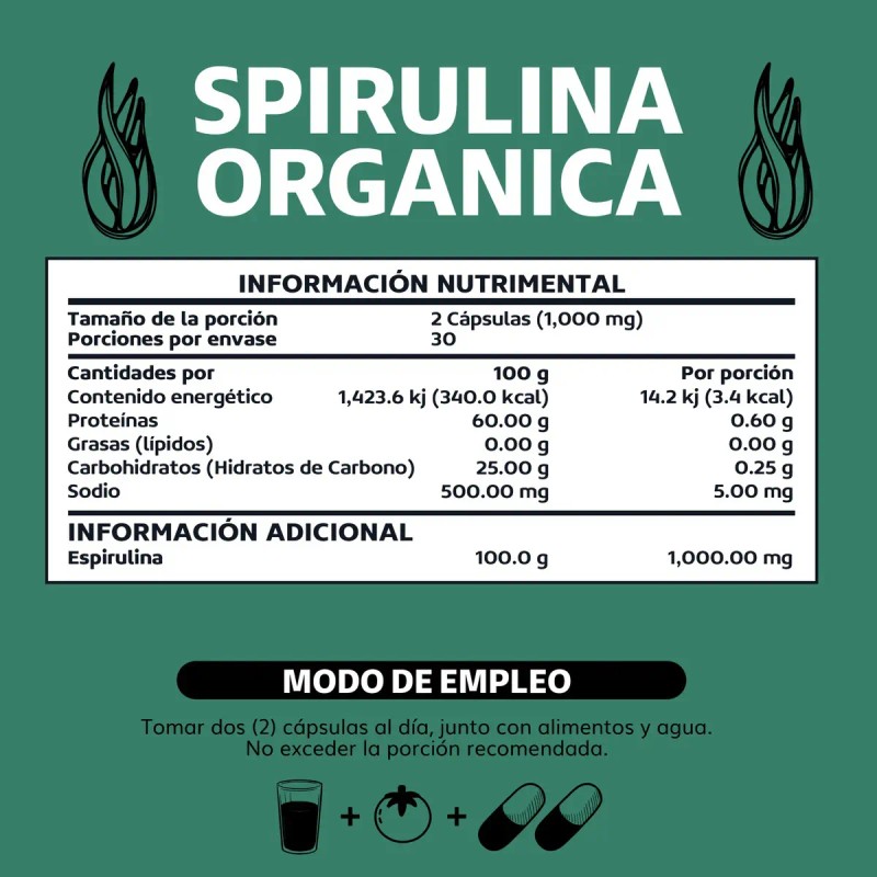 Spirulina Orgánica 100 Natural Espirulina Tecnología Cápsulas Veganas Capsulas Vitaminas