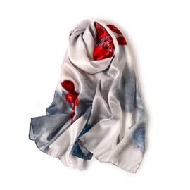 STORY OF SHANGHAI Women's Silk Scarf, 100% Silk, Luxurious Silk Scarf, Neckerchief, Natural Silk Scarf for Women, Stole as a Gift, Warm Light and Soft, with Motif 53 x 170 cm, Red Lotus, Unit size