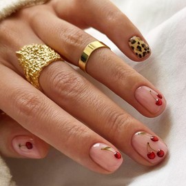 Press on Nails Short Square Fake Nails with Cherry Leopard Designs Acrylic Nails Press ons Glossy Glue on Nails Nude False Nails Artificial Stick on Nails for Women 24 Pcs