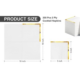 200 Pcs Cocktail Napkins 2 Ply White Napkins with Gold Trim Gold Foil Beverage Napkins Dessert Disposable Decorative Cocktail Napkin Paper for Wedding Birthday Anniversary