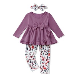 oklady Toddler Girl Clothes 4T 5T, Unique Bow and Ruffled Design Tops Floral Pants with Headband Fall Outfits for Toddler Girls