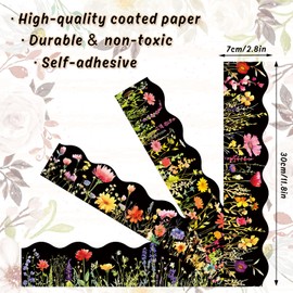 FYSUIMU 60 Pcs Floral Bulletin Board Borders Black Wild Flower Scalloped Self-Adhesive Border Trim Sticker Decals for Home Classroom Spring Party Wall Decoration