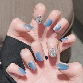 CATKIN Press On Nail Fasle Nail with design 24pcs Full Cover Reusable Acrylic Nails Artificial Nails for Women girls Medium Square Decoration Fake Nails Silver Blue 06