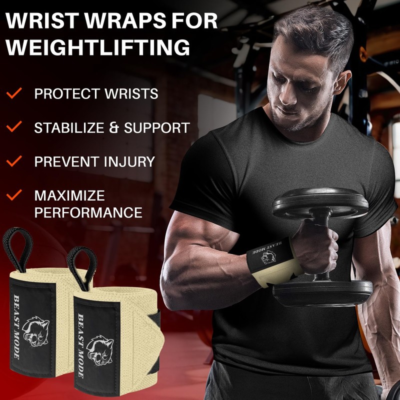 TECEUM Weightlifting Wrist Wraps with Thumb Loop – Beige –