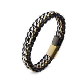 Fashion Men's Bracelet Stainless Steel Leather Men's Bracelet Bracelets for Men Youth Unisex, Stainless Steel, Black