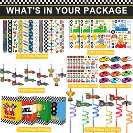 Race Car Party Bag Fillers 84 PCS Mini Race Cars Keychains Slap Bracelet Stickers Straws Goody Treat Candy Bags for Kids Birthday Party Racing Party Classroom Reward