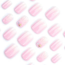 24pcs French Press on Nails Short Square Pink White Gradient Fake Nails with Charms Designs Glossy Glue on Nails Cute Pink False Nails Full Cover Artificial Nails for Women Girl Nail Decoration