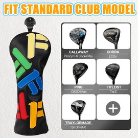 Golf Club Head covers Fairway Wood FW with Interchangeable Number Tag 3457X Elastic Closure Black PU Leather Multicolored Text