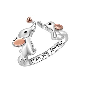 Mom Daughter Elephant Ring Sterling Silver Plated Mama and Baby Elephants Engraved I Love You Forever Statement Family 2 Elephants Unique Adjustable Open Rings Meaningful Gifts for Women Girls