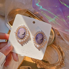 Vintage-Inspired Cameo Silhouette Stud Earrings, Simulated Pearl Frame Purple Cameo Earrings Victorian Art Deco Antique Jewelry Earrings for Women Lady