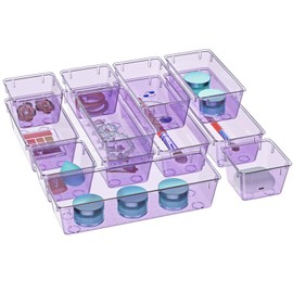 WOWBOX 12 Pack Clear Drawer Organizer Set, Acrylic Drawer Storage Trays, Storage Bins for Makeup, Cosmetics, Jewelries, Utensils, Gadgets, Office, Purple