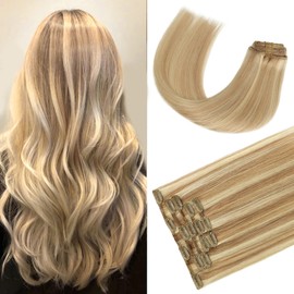 Clip in Hair Extensions Real Human Hair, 12inch 70g Golden Brown to Blonde Balayage Remy Human Hair, Soft and Straight Clip in Hair Extensions for Women