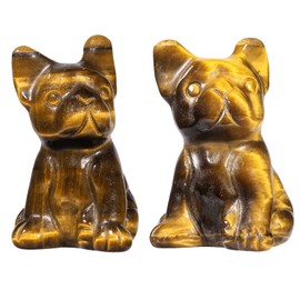 Nupuyai Pack of 2 Dog Figures Crystal Decorative Gemstone French Bulldog Figure Small Healing Stone Puppy Animal Figures Set for Lucky Charm Pocket Stones Feng Shui Decoration, Tiger's Eye Stone
