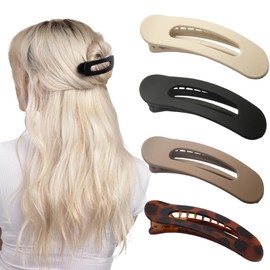 Flat Hair Claw Clips, 4 PCS Lay Flat Hair Clips for Girls, Strong Hold Non-Slip Flat Hair Clips For Fine Hair Thick Hairs (Black Cream Beige Amber)