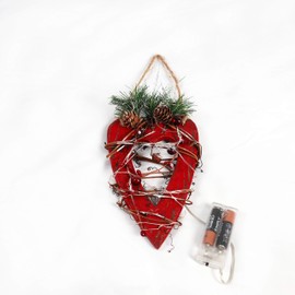 19cm Red Wooden LED Heart Hanging Ornament Christmas Holiday Home décor with 15 Warm white LEDs, 12 x 19h cm