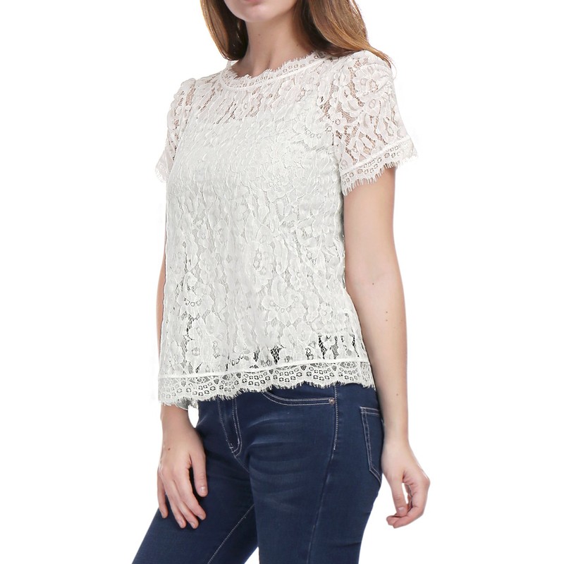 Allegra K Women's Lace Floral Scalloped Trim Short Sleeve Semi