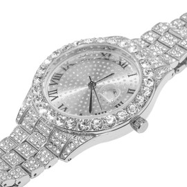 Halukakah Round Dial Diamonds Gold Watch Iced Out, Men's Platinum White Gold Plated Quartz Wristband 9.5", with Cuban Link Bracelet 8" + Necklace 18", Free Giftbox