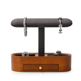 Oirlv Solid Wood Watch Stand with Drawer T-bar Watch Holder Organizer for Men and Women Showcase Bracelet Bangle Jewelry Display Stand Rings Earrings Necklace Storage(Drawer,Grey)