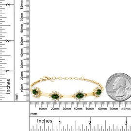 Gem Stone King 18K Yellow Gold Plated Silver Green Chrome Diopside and White Created Sapphire Bracelet For Women (3.80 Cttw, Gemstone, Oval 6X4MM, 7 Inch + 1 Inch Extender)