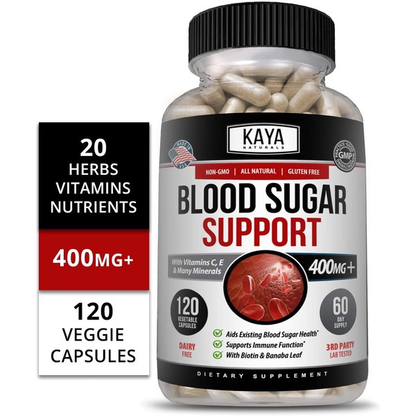Kaya Naturals Blood Sugar Support Supplement, 120 Count Capsules, 20 Herbs, Alpha Lipoic Acid & Cinnamon (120 Capsules)