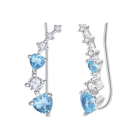 KINGWHYTE Heart Climber Earrings for Women 925 Sterling Silver Birthstone Earrings Crystal Earrings Birthstone Jewellery Gifts for Valentine's Day, Sterling Silver, Aquamarine