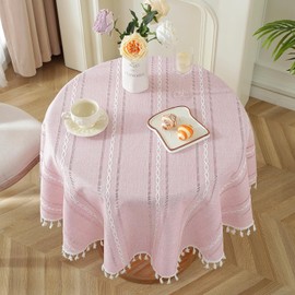 meioro Bohemian Round Tablecloth for Kitchen Decoration, 120 cm Macrame Tablecloth with Tassels, Circle Linen Table Linen, Striped Tablecloth, Mesh Tablecloths for Dining Table, Tabletop Decor (Pink)