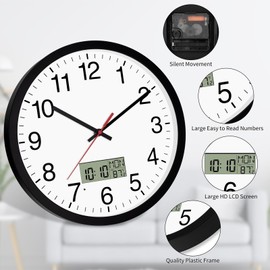 Koosome Digital Wall Clock with Lighted LCD Display Temp, Week, Switchable Time and Perpetual Calendar, DST Function, Silent Battery Operated Analog Clock for Office Bedroom Classroom (12", Black)