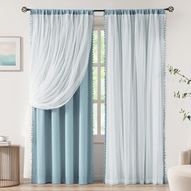 Pom Pom Blackout Curtains with Sheer Overlay for Living Room Bedroom, Kid's Room, Blue Mix and Match Double Layer Window Curtains Rod Pocket Thermal Insulated Curtains with Tiebacks, 2pcs, 52x84, Blue