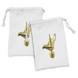 Lunarable Orient Fabric Pouch Set of 2, Aladdin`s Magic Genie Lamp Wish Mystery Magic Wonder Adventure Story Inspired Art, Small Drawstring Bag for Toiletries Masks and Favors, 9" x 6", Yellow White