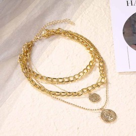Aneneiceera Boho Multilayer Coin Necklace Vintage Gold Chunky Link Cuban Chain Choker Rock Statement Layered Coin Necklace Disc Coin Pendant Necklace Charm Jewelry for Women and Girls(Gold)