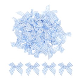 sourcing map 50Pcs Mini Gingham Ribbon Bow 1.5" Checkered Fabric Satin Ribbon Bows for Craft DIY Hair Bow Sewing Wedding Birthday Party Light Blue and White
