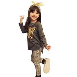 ggudd Girl's Leopard Printed Long Sleeve Tops and Leggings Pants 2Pcs Outfits (Grey,9-10 Years)