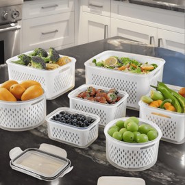 Zalwa 4-Piece Fruit Storage Containers for Fridge, Leakproof and Removable Colander, Dishwasher & Microwave Safe, Extend Freshness of Fruits and Vegetables (White)