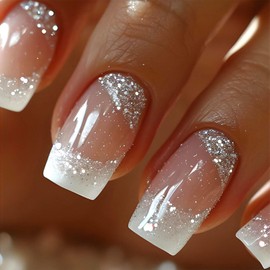 White French Tip Press on Nails Medium Square Fake Nails Silver Glitter False Nails Press ons Acrylic Glossy Nude Full Cover Glue on Nails for Women Girls 24 Pcs