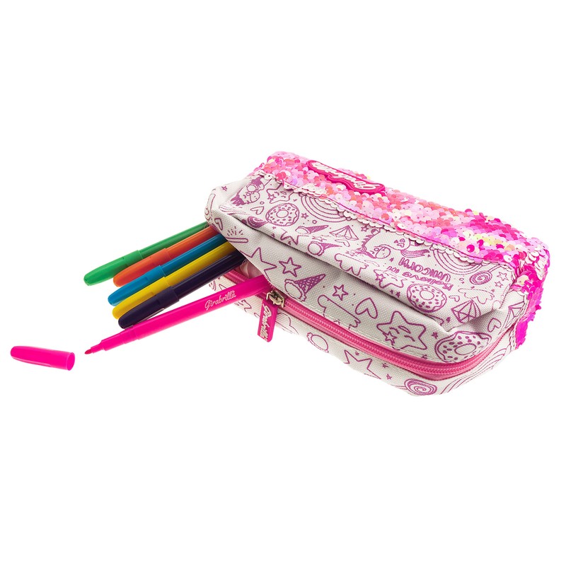 Girabrilla Unicorn Striped Sequin Pencil Case with Accessories