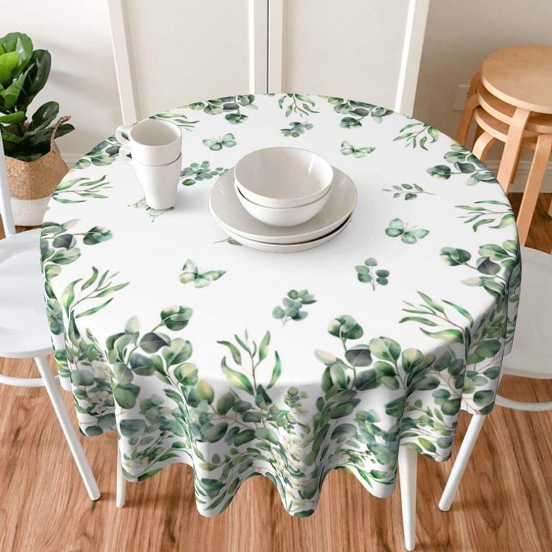 KiuLoam Spring Tablecloth Round 60 Inch Sage Green Eucalyptus Leaf